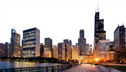 Obraz premium Chicago skyline at night showcasing illuminated buildings, with a white background. Concept of urban nightscape and city lights