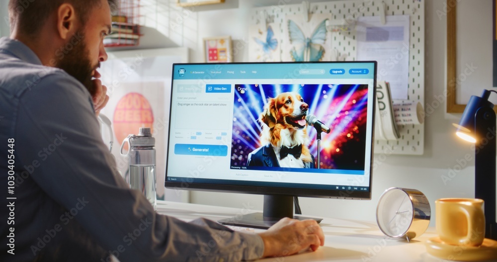 Poster adult man types prompt in ai video generator on computer. artificial intelligence generates detailed