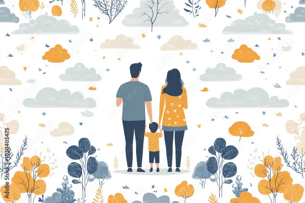 Aufkleber simplistic family of three walking through a landscape filled with small clouds and trees representi