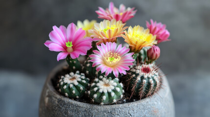 A mix of flowering cacti placed in a decorative pot, with flowers in hues of pink and yellow, adding color and life to an otherwise neutral, minimalist background.
