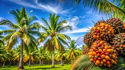 In the tropical paradise of Mauritius, sunlit palm fruits create an enchanting scene, offering vibrant photography opportunities that showcase stunning natural beauty and lushness.