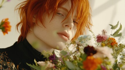 Naklejka premium Red-Haired Young Adult Surrounded by Colorful Flowers in Sunlit Room
