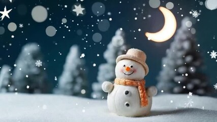 Video of cute smiling snowman in knitted beanie and scarf in snowy winter forest at night. Christmas New Years greeting card banner template with copy space - Powered by Adobe