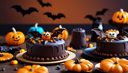 A delightful selection of Halloween cakes showcasing decorative bats, sure to impress and enchant your guests at any autumn gathering, Generative AI