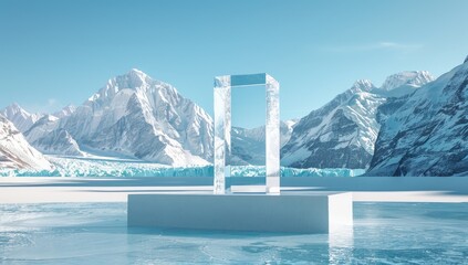product podium with glass and ice, centered in the foreground is an empty cube of clear white acrylic, in front of it stands tall mountains covered in the style
