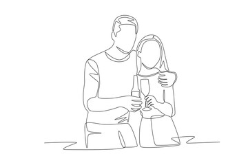 Two friends drinking while hanging out. Drinks outdoor concept one-line drawing