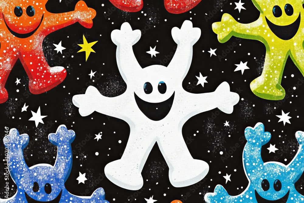 Aufkleber fun abstract alien like figures in vibrant colors dancing under a starry sky creating a playful and 