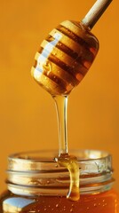 Honey Dripping from Wooden Dipper into Jar, Close-Up Detail