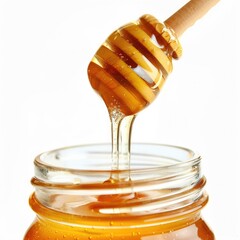 Honey Dripping from Wooden Dipper into Jar, Close-Up Detail