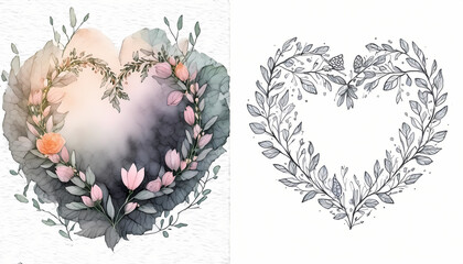 heart wreath made of flowers, watercolor illustration, copy coloring isolated on white background