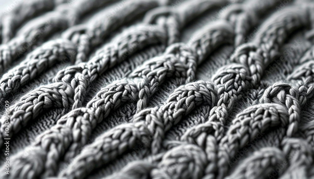 Poster elegant grey knitted texture showcasing intricate twisting patterns in soft yarn