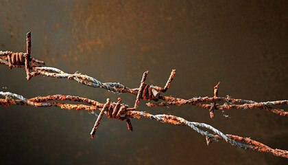 Obraz premium Rusty barbed wire stretching across a dimly lit backdrop evokes feelings of confinement