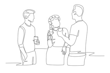 Three friends drinking while hanging out. Drinks outdoor concept one-line drawing