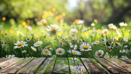 Spring meadow with daisies and a wooden table top background, copy space for product display presentation in the style of top background.