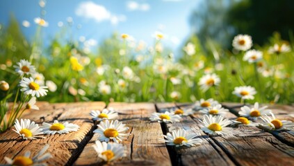Spring meadow with daisies and a wooden table top background, copy space for product display presentation in the style of top background.