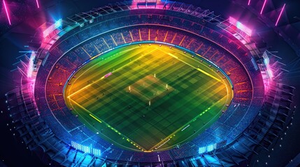 Stadaunton rectangular cricket stadium, lights on the stands and field, view from above, bright colors,