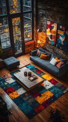 Naklejka premium A cozy living room with a large window, exposed brick walls, and a colorful rug. The room is furnished with a sofa, coffee table, and a few throw pillows.