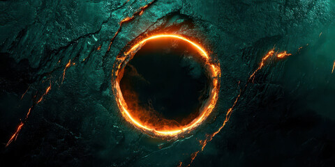 A large, glowing circle is surrounded by a dark blue background