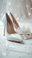 Obraz premium White high heels and a masquerade mask sit on a table, ready for a special night.