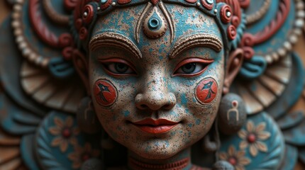 Close-up of a detailed ceramic sculpture of a woman with a serene expression.