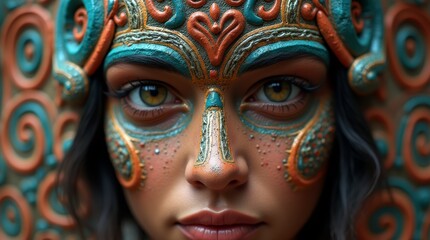 Close-up portrait of a young woman with intricate makeup, featuring a mix of vibrant colors and patterns.