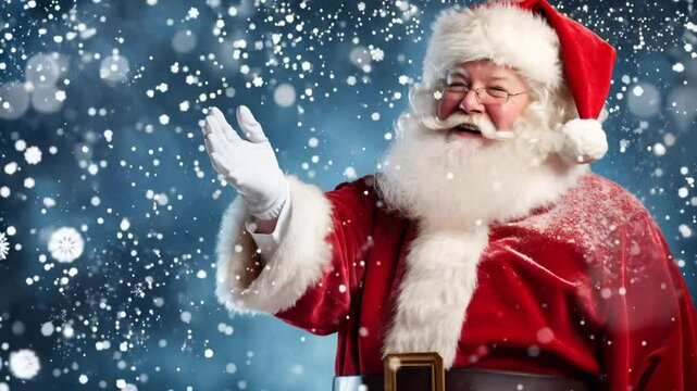 Video of Santa Claus smiling waving hand. Dark blue background with glitter. Holiday banner template with copy space