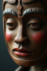 Close-up of a wooden sculpture with a melancholic expression.