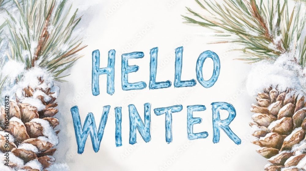 Wall mural Hello Winter - Seasonal Greeting with Pine Cones and Branches