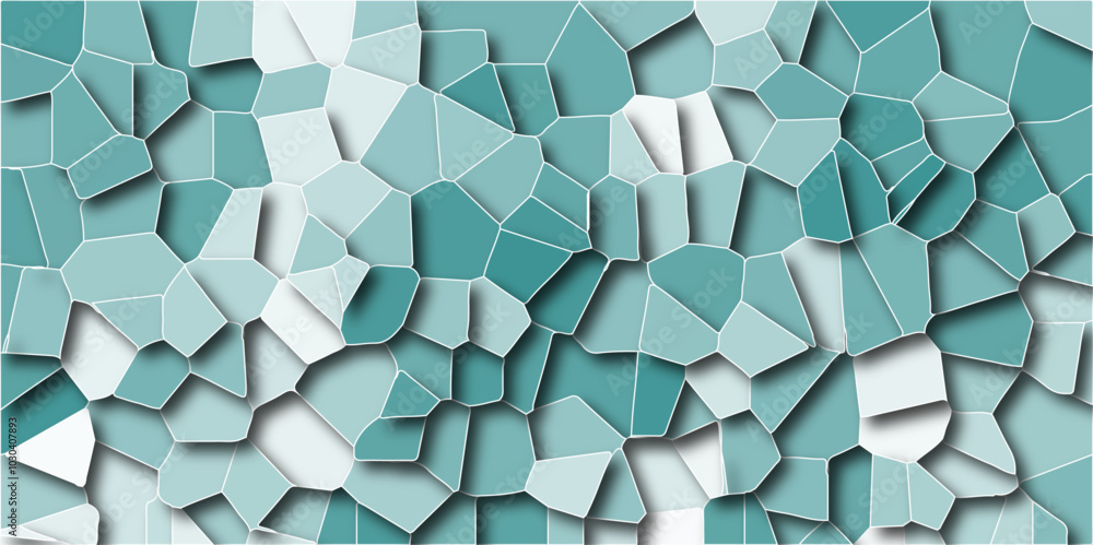 Poster light mint-colored broken stained glass background with white lines. seamless pattern with 3d shapes