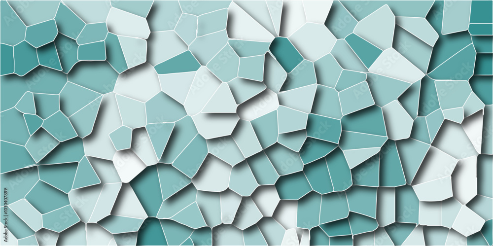 Poster Light mint-colored broken stained glass background with white lines. Seamless pattern with 3D shapes, vintage background. Geometric retro tile pattern with 3D shapes and a vintage quartz surface.