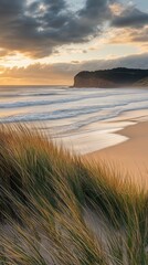 Coastal Grassland with Distant Cliff and Sunset Sky