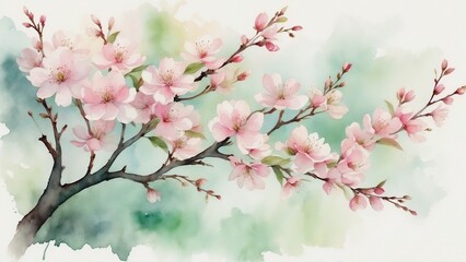 Watercolor Illustration of Cherry Blossoms on Branch