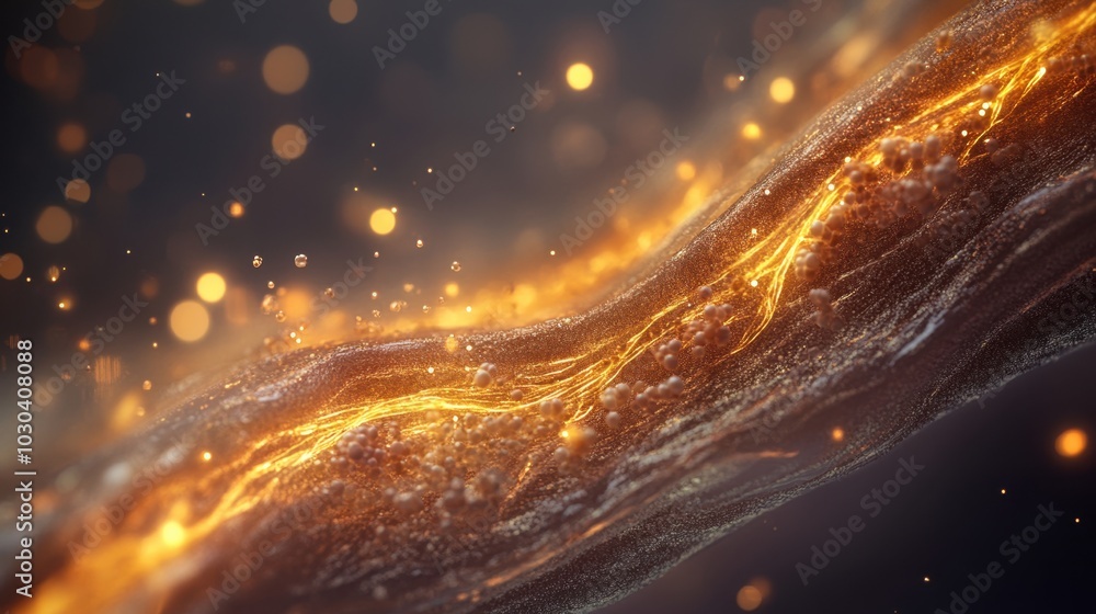 Wall mural glowing energy waves with floating particles on dark background