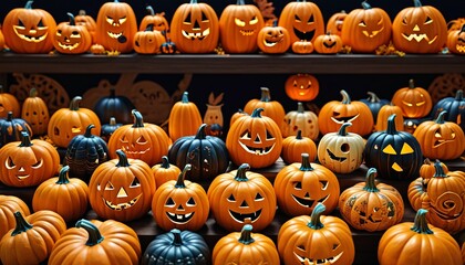 A lively Halloween display showcases a range of pumpkin varieties, each adorned with unique carvings and designs that celebrate the season's creativity, Generative AI