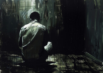 A powerful image of a man sitting alone in a dimly lit room, conveying themes of isolation, introspection, and emotional depth, perfect for expressing solitude or mental health awareness
