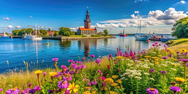 Kieler F&ouml;rde showcases a peaceful maritime landscape adorned by the Marine Ehrenmal, blending serene waters and rich naval history into a captivating natural retreat.