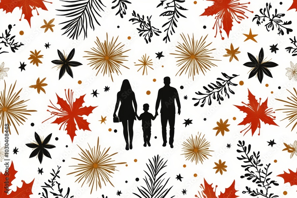 Poster abstract family illustration in a black and white design with scattered autumn leaves symbolizing fa