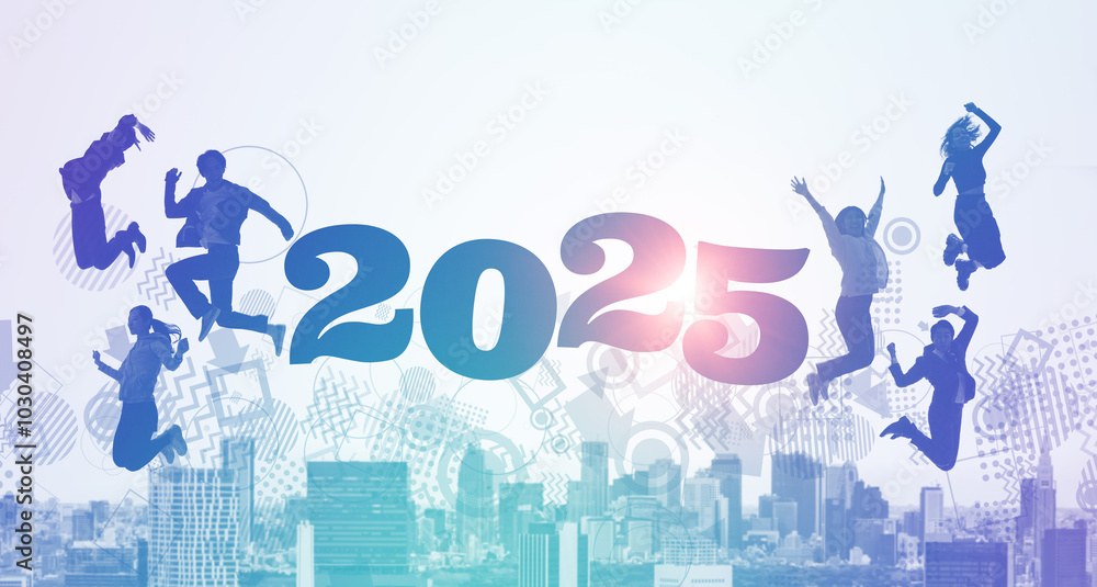 Poster ジャンプする幅広い世代の多国籍の人々　2025年新年イメージ　ビジネス向け年賀状素材