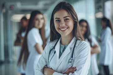 A smiling female doctor standing in front of a group medical team.