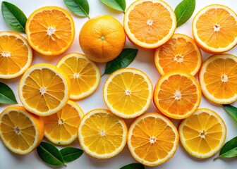 Obraz premium Lively orange slices pop on a pristine white backdrop, exuding freshness and a zesty citrus charm that enlivens meals and brightens your day instantly.