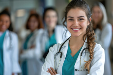 A smiling female doctor standing in front of a group medical team.