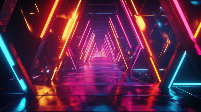 Vibrant neon triangular shapes reflect light in an abstract digital landscape at twilight