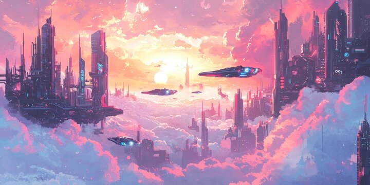 Futuristic Cloudbound City with Sleek Hovering Aircraft at Dramatic Sunset Sky