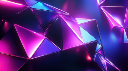 Vibrant neon triangular shapes reflect light in an abstract digital landscape at twilight
