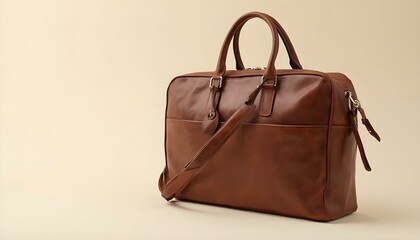 A brown leather briefcase on a beige white background