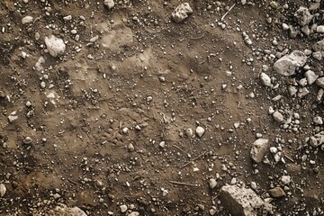 top view of dirt ground texture with small rocks, sepia tone