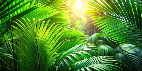 Obraz premium Lush palm green leaves stand out against a tranquil, verdant forest background, enchanting nature lovers and greenery enthusiasts with their vibrant, soothing presence.