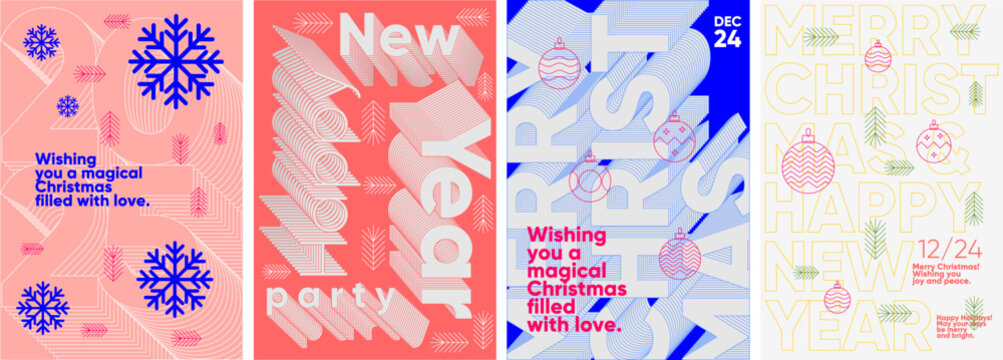 Collection of four vibrant and geometric Christmas and New Year posters with bold typography and festive icons.