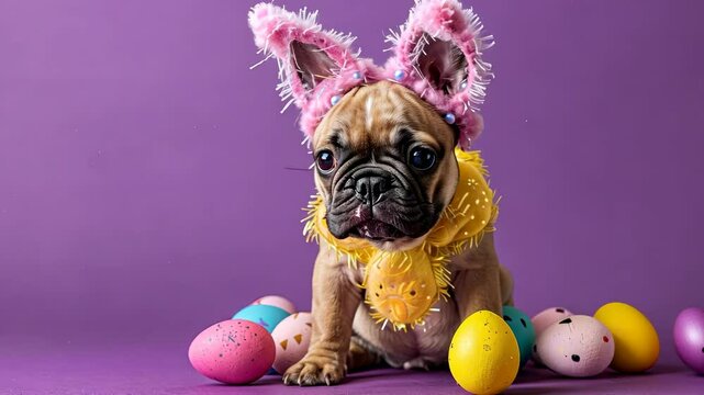 A French bulldog wearing bunny ears sits among colorful Easter eggs on a purple background