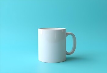 A white ceramic mug on a blue background